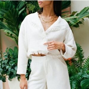 Something Navy Cropped Tweed Frayed Hem Blazer in‎ lvory Women's Small